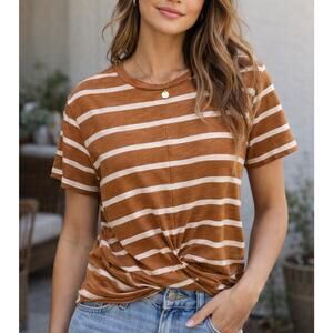 Sanctuary Striped Twist Front Tee Brown White Short Sleeve Womens Small
